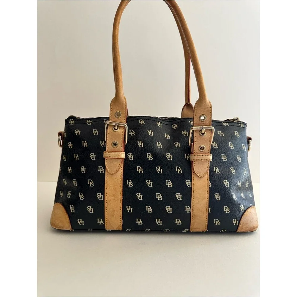 Dooney & Bourke y2k Black Boston Monogram Tan Leather Trim Satchel